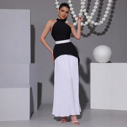 Women's Luxury Black White Contrast Color Long Pleated Skirts