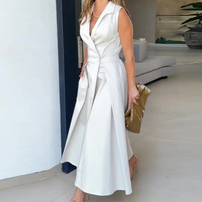 Autumn Solid Color Polo Collar Pleated Long Dresses