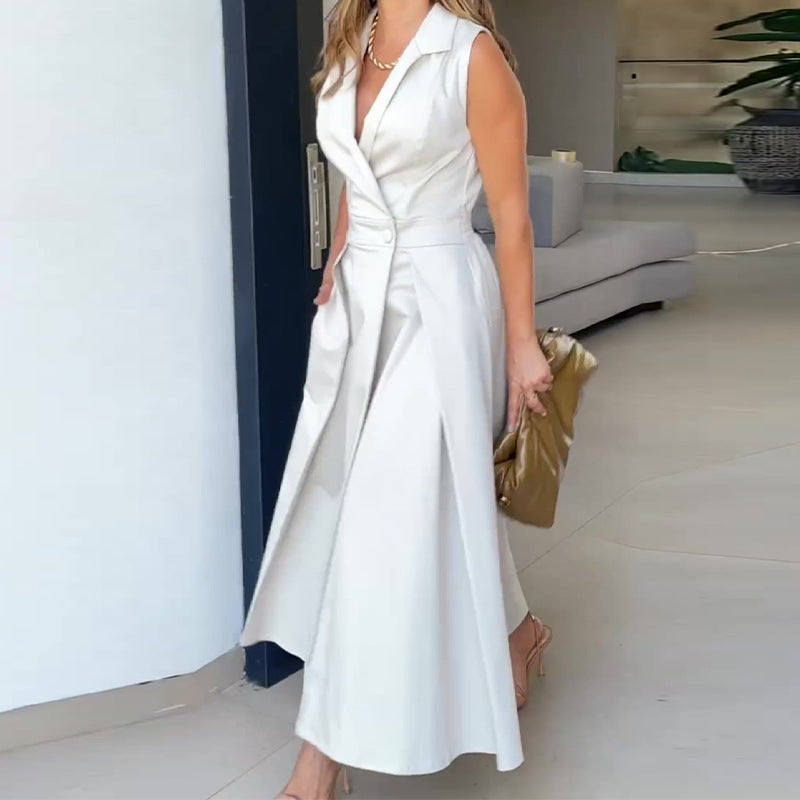 Women's Solid Color Polo Collar Pleated Long Dresses