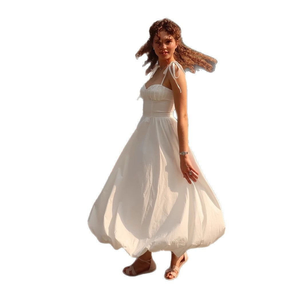 Women's Cotton Sling Balloon Dress Summer Waist Bubble Dresses