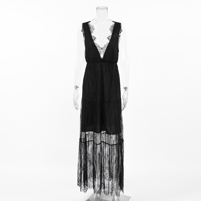 Women's Sexy Black Brocade Lace Temperament Dress Dresses