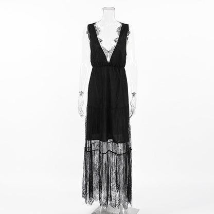 Women's Sexy Black Brocade Lace Temperament Dress Dresses