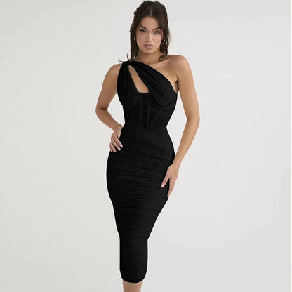 Solid Color Pleated Shoulder Fishbone Hollow Dresses