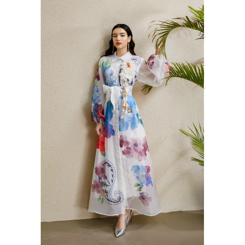 Women's Autumn Three-dimensional Floral Holiday Lapel Lantern Sleeve Dresses