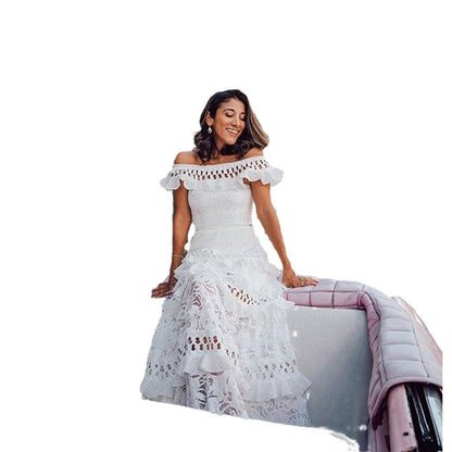Women's Ruffled Hollow White Wide Hem Lace Dresses