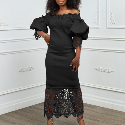 Women's Lace Stitching Banquet Dress Lantern Sleeve Dresses