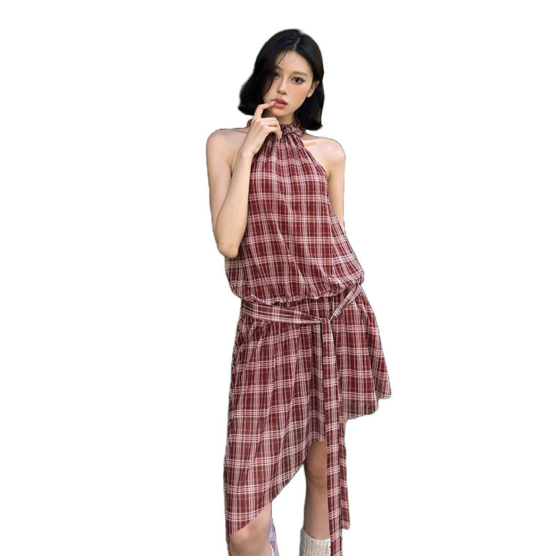 Women's Summer Asymmetric Design Slim Halter Plaid Dresses