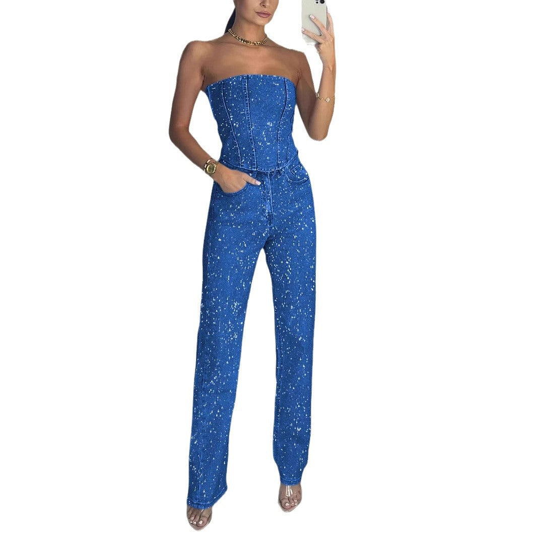 Women's Sexy Shiny Diamond Trousers Two-piece Set Suits