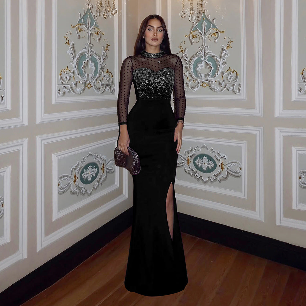 Women's Rhinestone Mesh Long Sleeve Patchwork Split Dress Slim Dresses