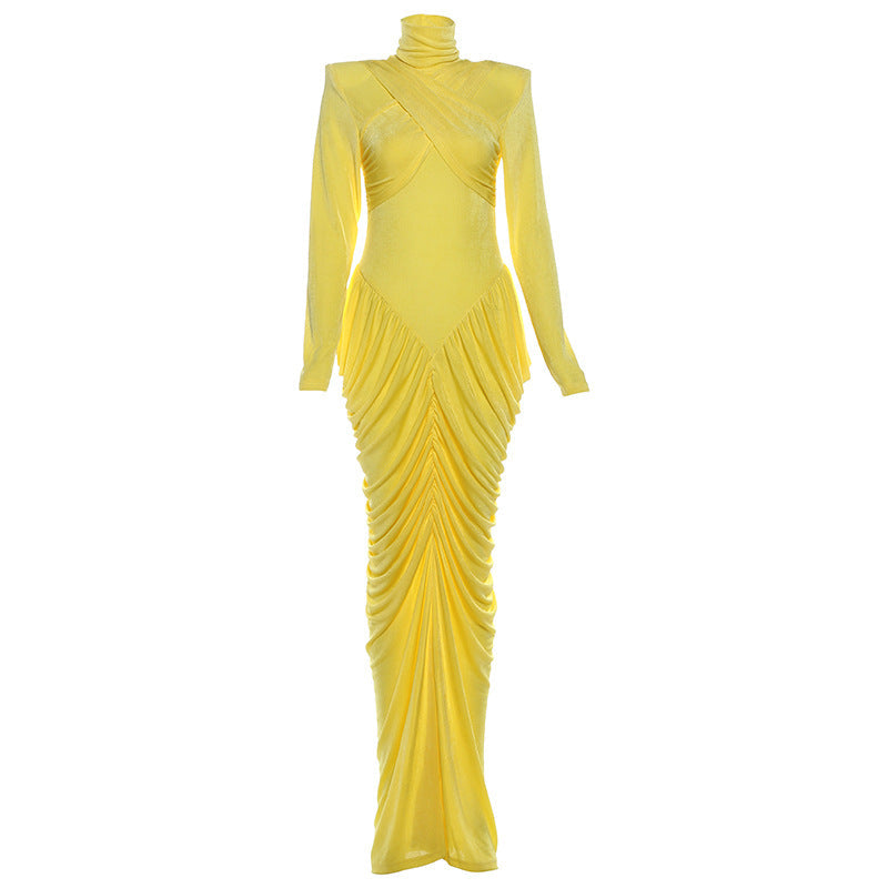Women's Temperament High Collar Solid Color Long Dresses