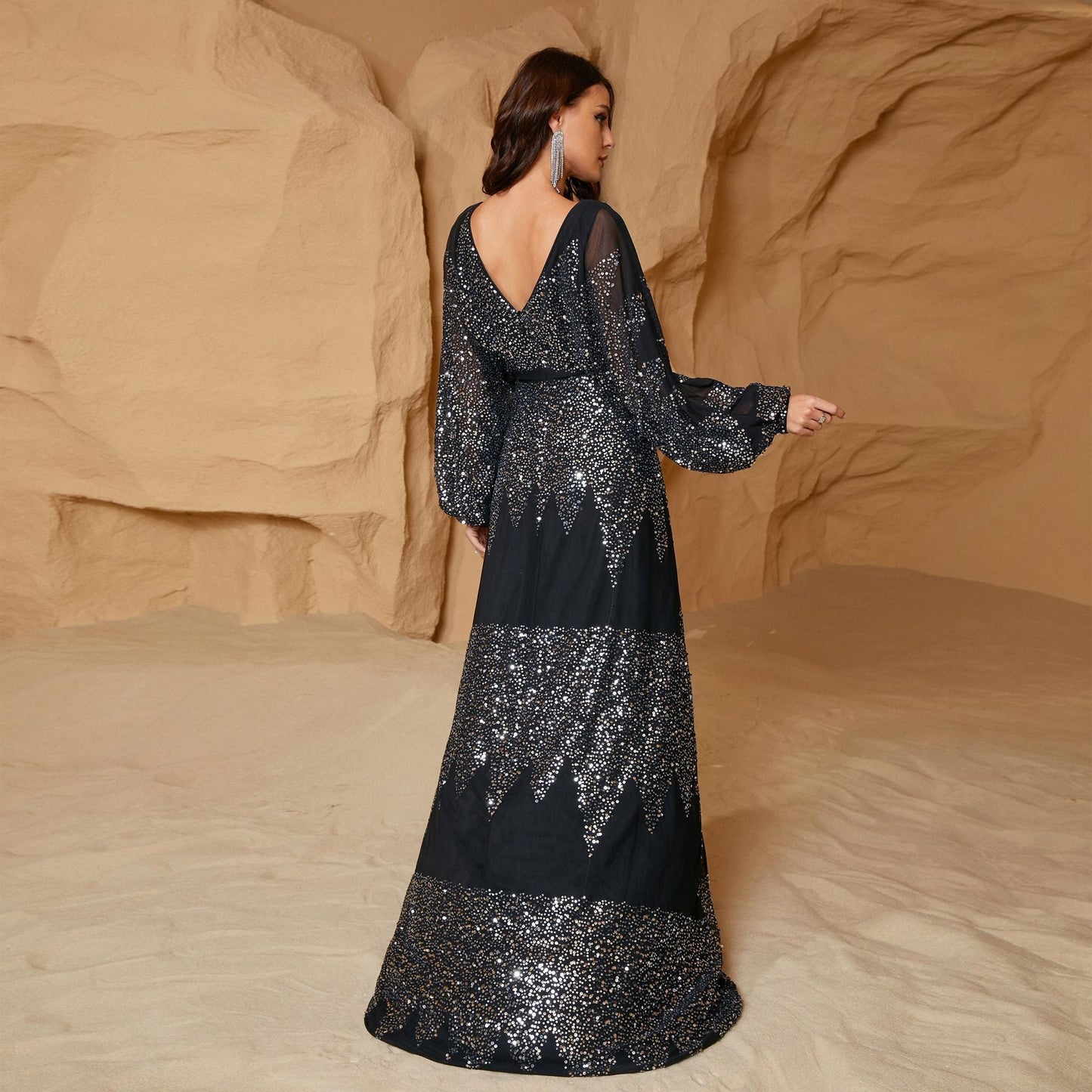 Women's French Style Long Dress Sleeve Sequined Dresses