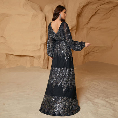 Women's French Style Long Dress Sleeve Sequined Dresses