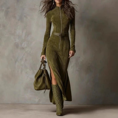 Modern Stand Collar Zipper High Slit Dresses