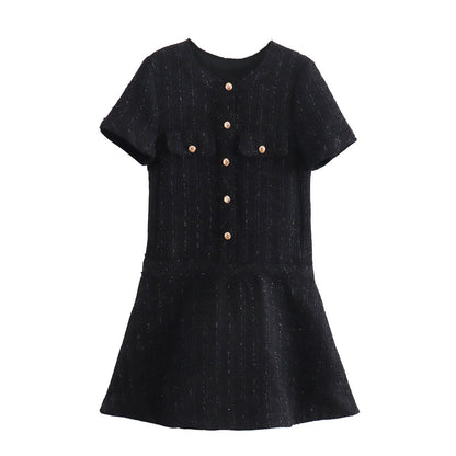 Women's Pocket Round Neck Textured Sleeve Dress Dresses