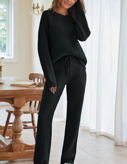 Women's Color Round Neck Long Sleeve Trousers Suits