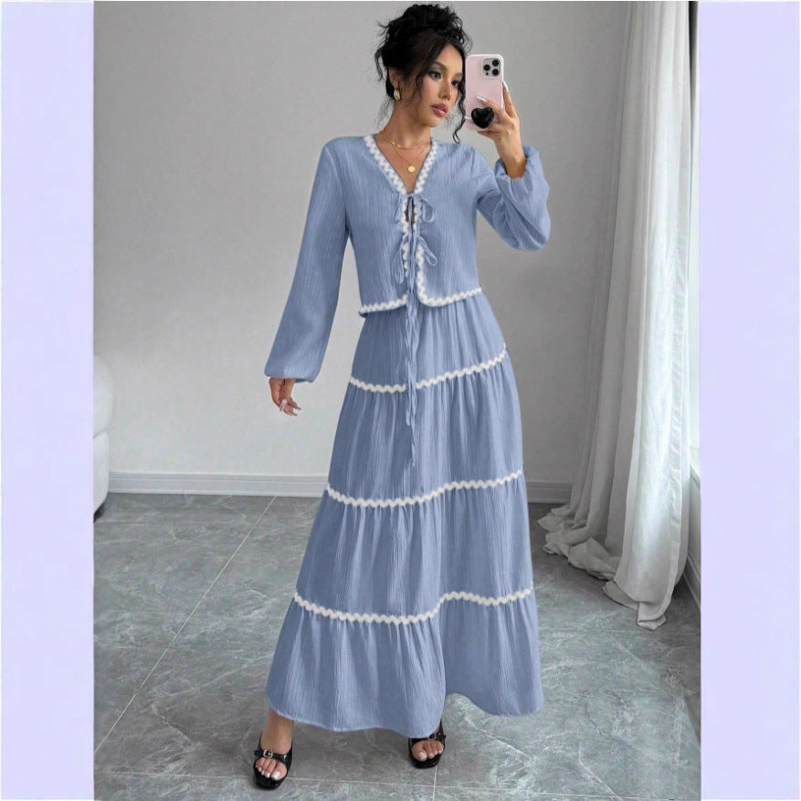 Women's Lace Layered Pleated Lantern Sleeve Bow Suits