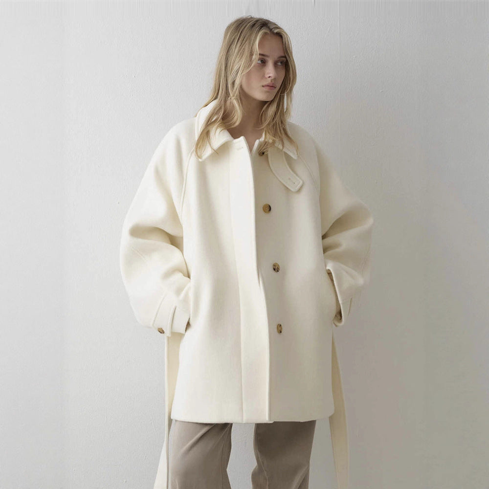 Women's Small Woolen Loose Slimming Stand Collar Coats