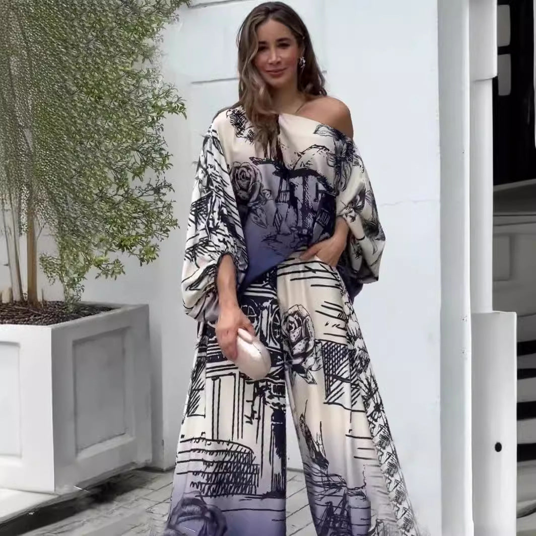 Printed Fashion Long Sleeve Batwing Shirt Suits