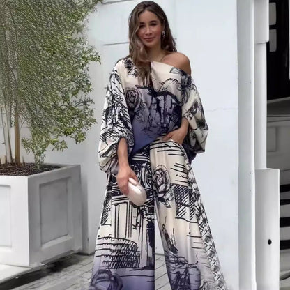 Printed Fashion Long Sleeve Batwing Shirt Suits