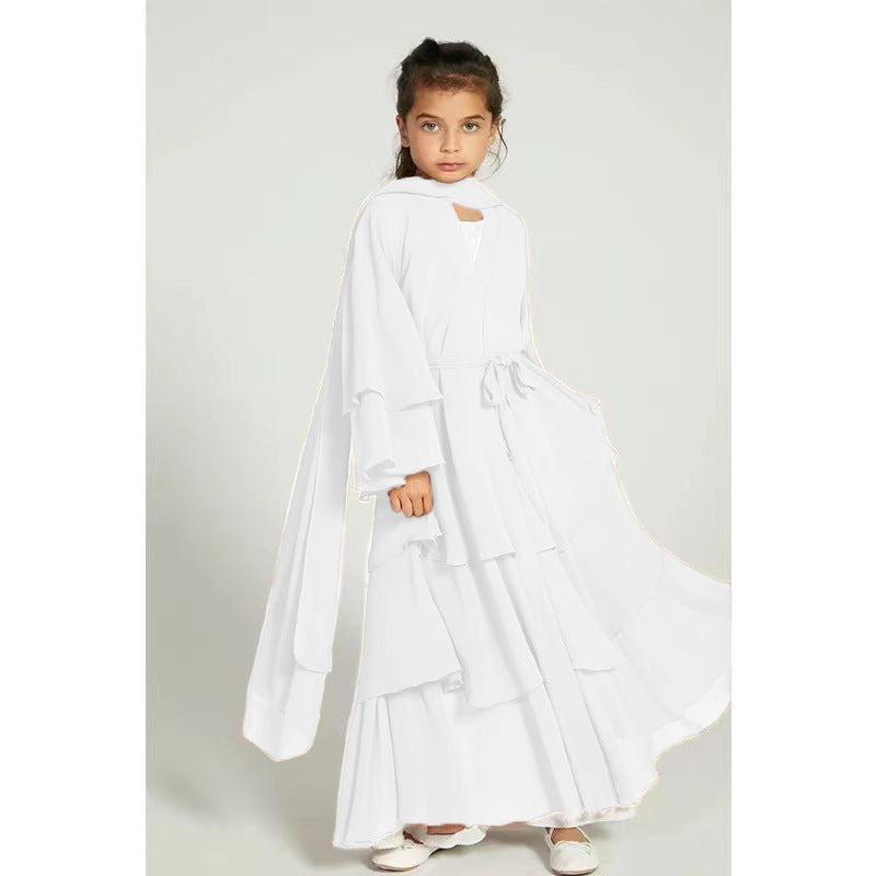 Children's Stitching Solid Color Waist Chiffon Elegant Long Dresses