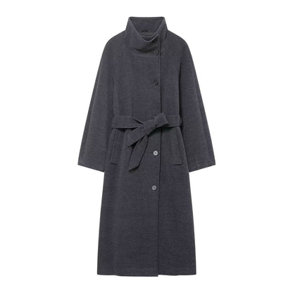 Women's Fashion Stand Collar Belt Woolen Outerwear Coats