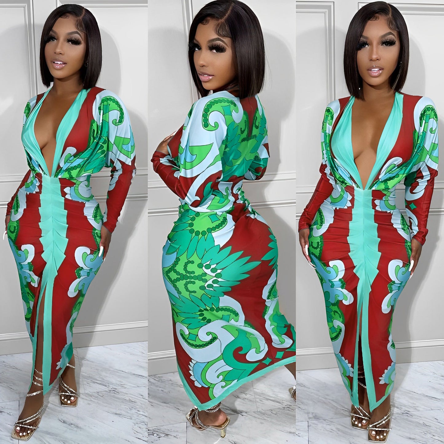Striped Printed Long Sleeves Casual Sexy Dresses