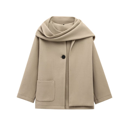 Women's Homemade Blended Scarf Round Neck Long Coats