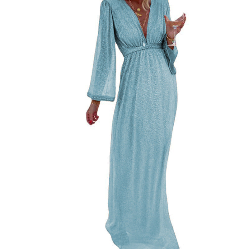 Women's Fashion Beige Collar Long Sleeve Sequins Dresses
