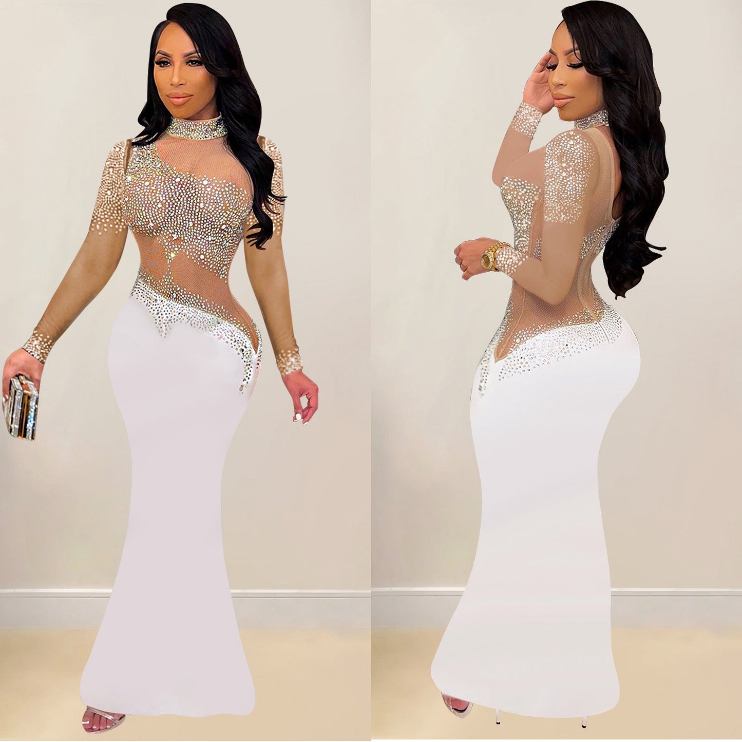 Women's Fashion Wear Rhinestone Round Neck Dress Dresses
