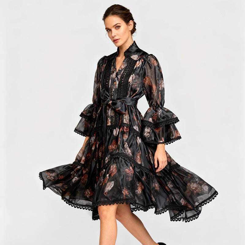 Women's Retro Sexy Lace Stitching Dress Irregular Dresses