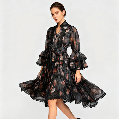 Women's Retro Sexy Lace Stitching Dress Irregular Dresses