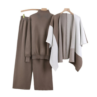 Women's Fashionable Knitted Color Matching Shawl Three-piece Suits