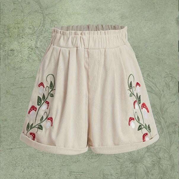 Corduroy Mushroom Embroidered Elastic Waist Casual Shorts