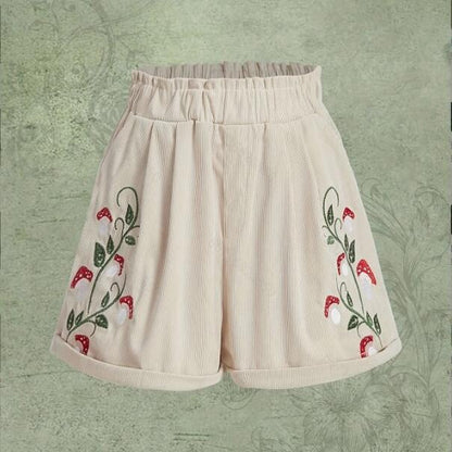 Corduroy Mushroom Embroidered Elastic Waist Casual Shorts