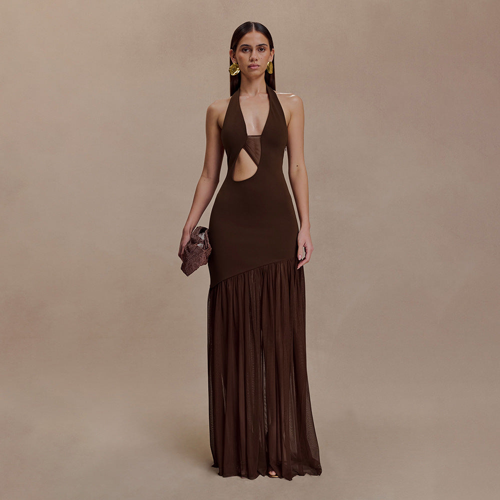 Women's Mesh Stitching Halter Dress Fitted Waist Dresses