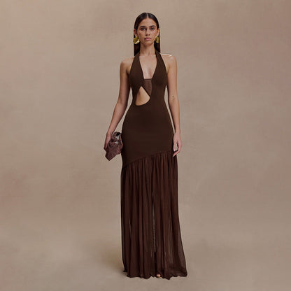 Women's Mesh Stitching Halter Dress Fitted Waist Dresses