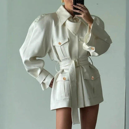 Women's Style Temperament Polo Collar Solid Color Long-sleeved Coats