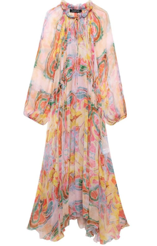 Women's Loose Series Printed Long Sleeve Midi Dresses