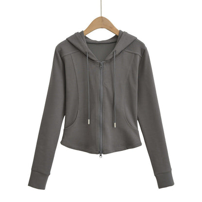 Autumn Fashion Simple Style Double Zipper Hooded Drawstring Tops