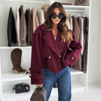 Women's Fashionable Collar Solid Color Woolen For Coats