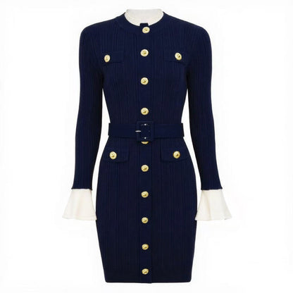 Long Sleeve Round Neck Belt Knitted Dresses