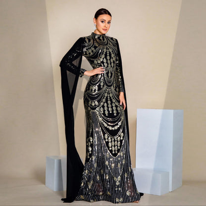 Women's Temperament Sexy Long Sequined Sleeve Round Dresses