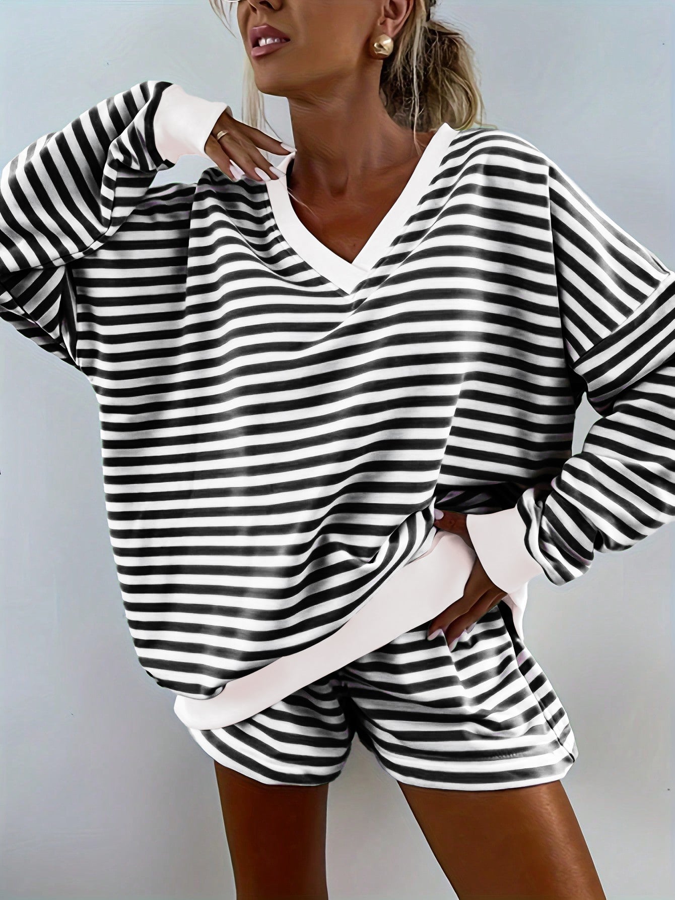 Women's Striped Casual Long-sleeved Elastic Waist Suits
