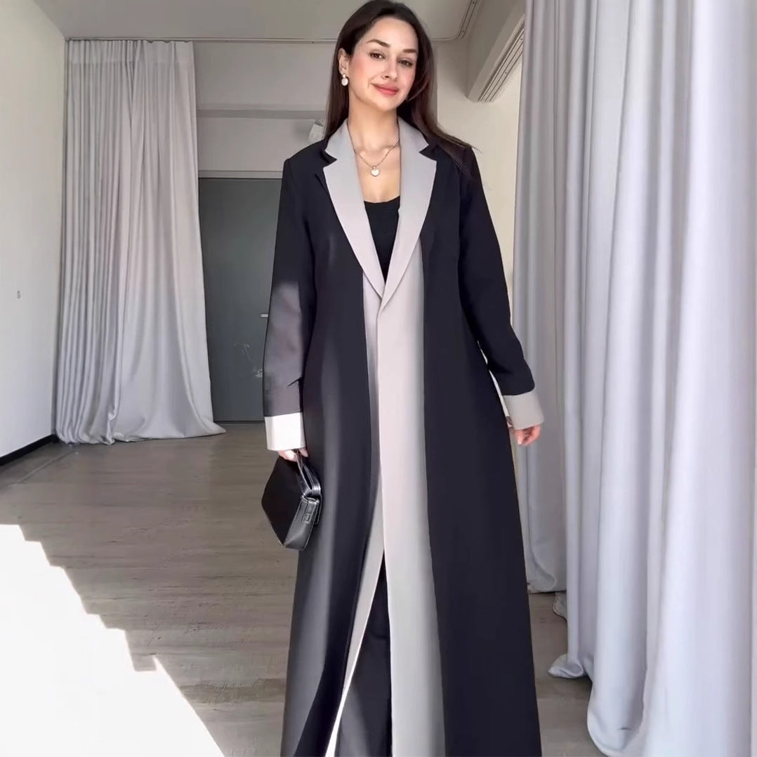 Women's Long Collar Stitching Contrast Color Trench Coats