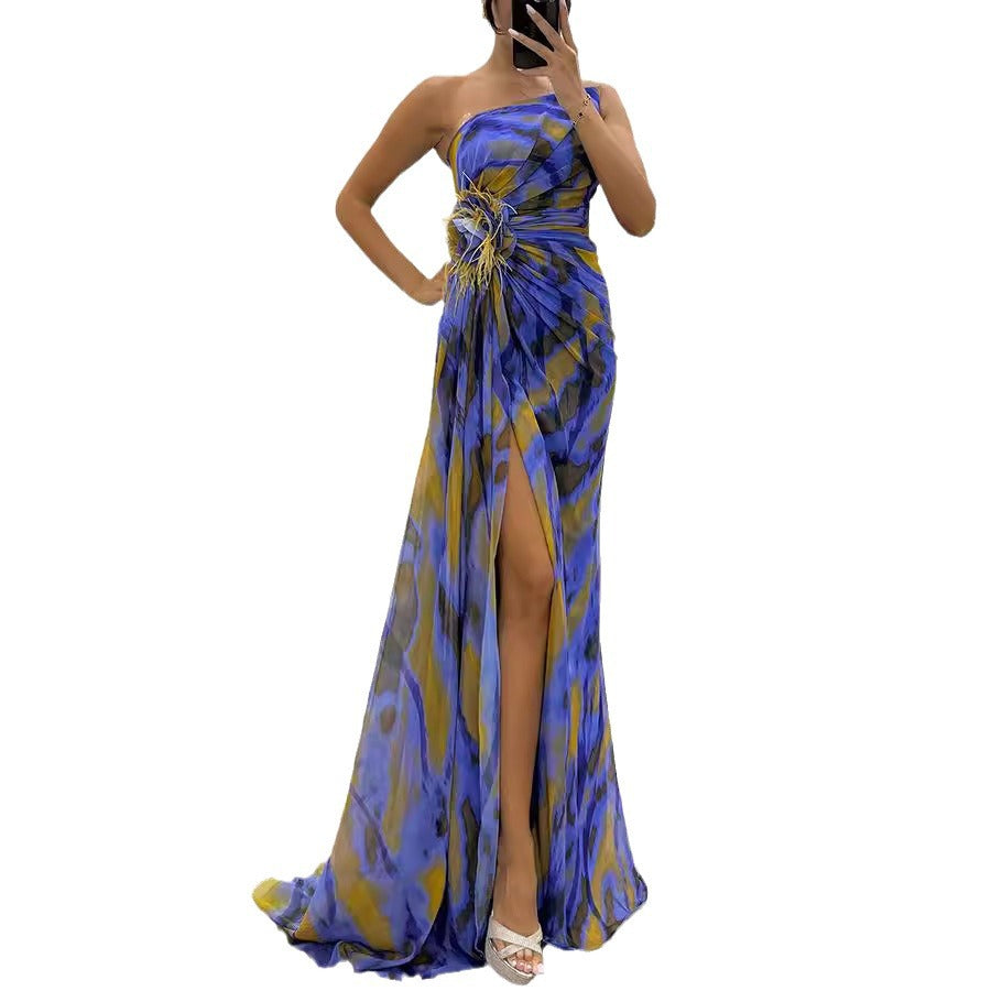 Women's Chiffon Floral Print Slit Dress Casual Dresses