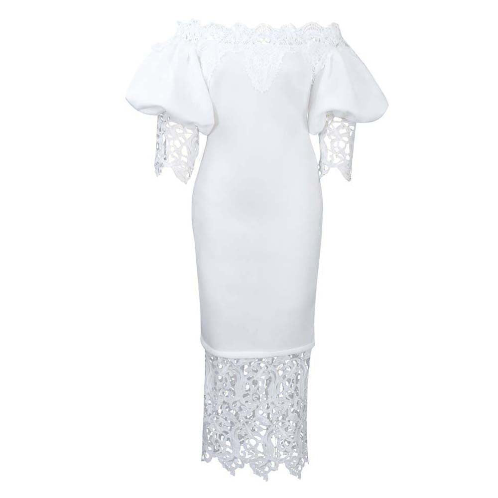 Women's Lace Stitching Banquet Dress Lantern Sleeve Dresses