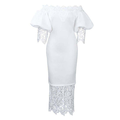 Women's Lace Stitching Banquet Dress Lantern Sleeve Dresses