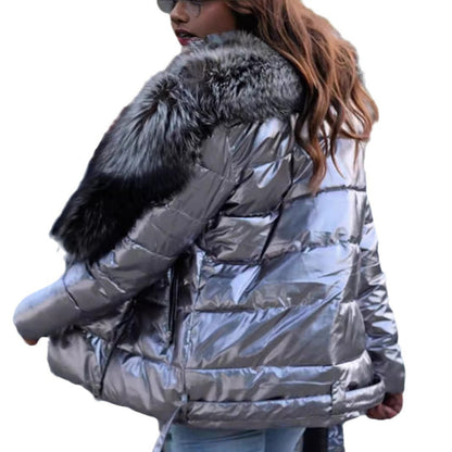 Women's Glossy Big Fur Collar Long Sleeve Cotton Coats