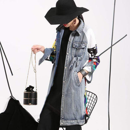 Women's Denim Trench Fashionable Image Drawing Creative Coats