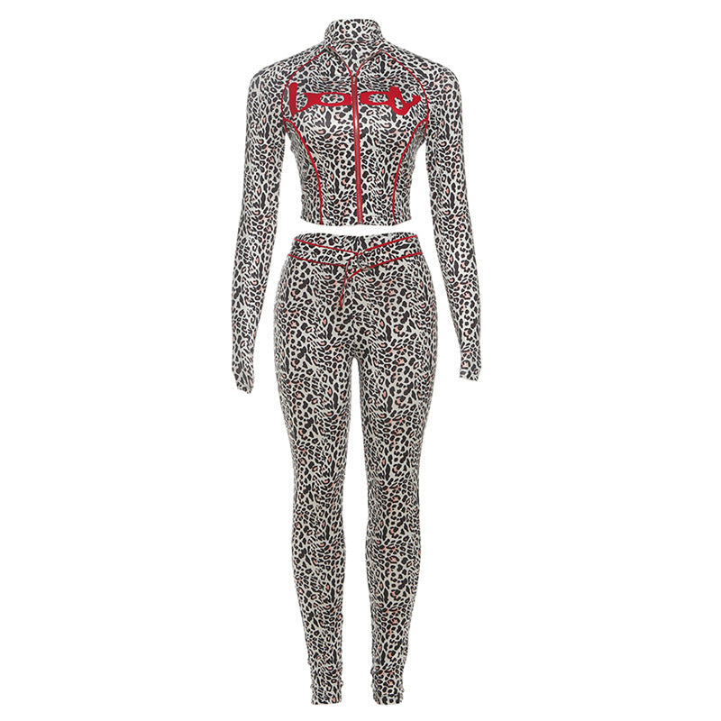 Women's Leopard Print Zipper Stitching Sports Tight Suits